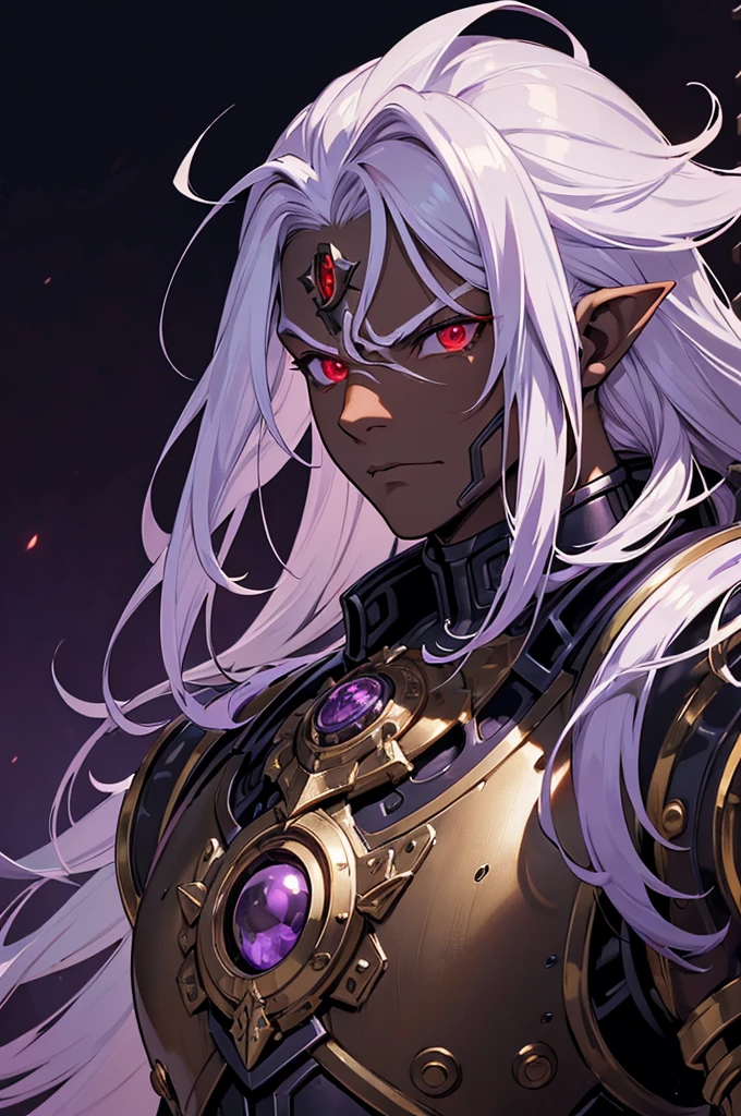 ((best quality)), ((masterpiece)), (detailed), ((boy)), ((mechanical armor)), (dungeonpunk),(steampunk), (serious), dark skinned, human, upper body, portrait, red eyes, long white hair, Xemnas from Kingdom Hearts, half-drow, pointy ears, serious face, dramatic lighting, purple hue, art by Kinema Citrus