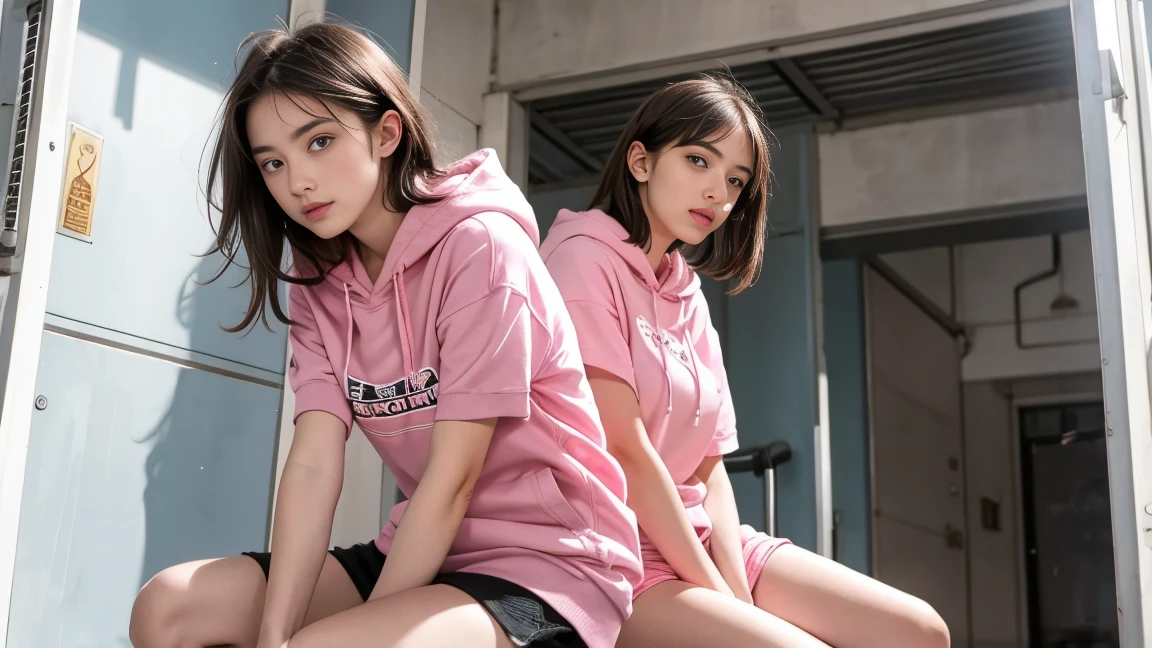 deux femmes ensemble de 18 ans sexy et mince , pink short sleeve hoodie , salle de classe, se touche,position sey,sensuel