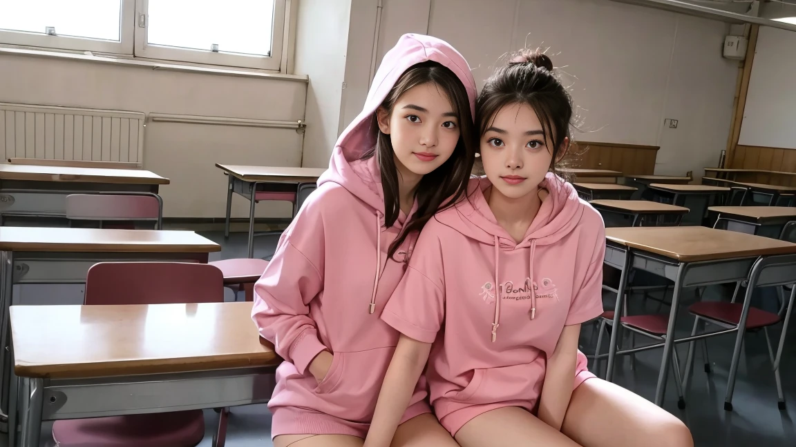 deux femmes ensemble de 18 ans sexy et mince , pink short sleeve hoodie , salle de classe, se touche,position sey,sensuel