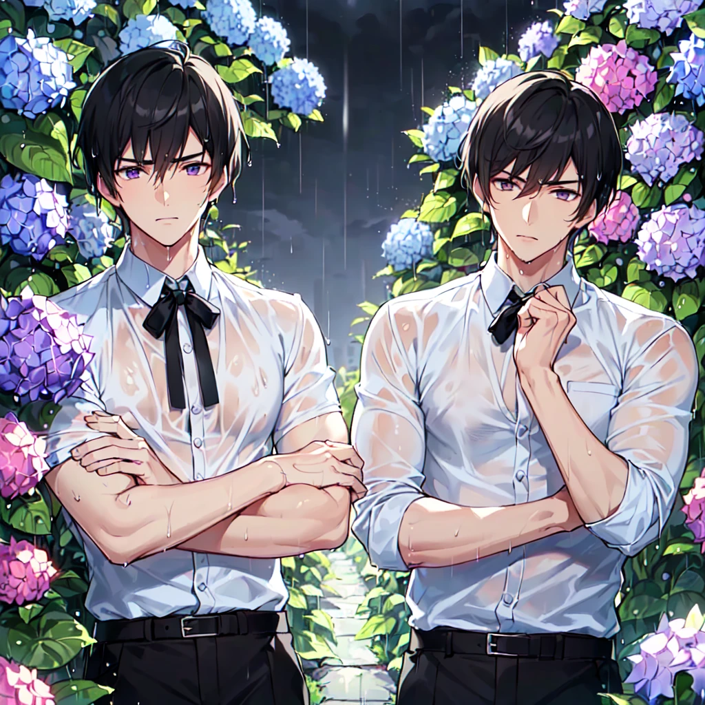 masterpiece,best quality,high quality,(2male austere handsome two people adult age 30: 1.5), purple eyes, cool with suspended eyes, V-shaped eyebrows, body strong and fearless 8.5 head tall, height 185 cm, (well-groomed short black hair down to neck: 1.4), (bangs split into seven thirds: 1.4), slender nose, facial muscles, throat, (wet shirt and black trousers: 1.3), (hand on face), (standing), (stylish pose), (melancholy expression: 1.3), (background hydrangea garden: 1.3), (night rain: 1.3), (upper body:1.3)
