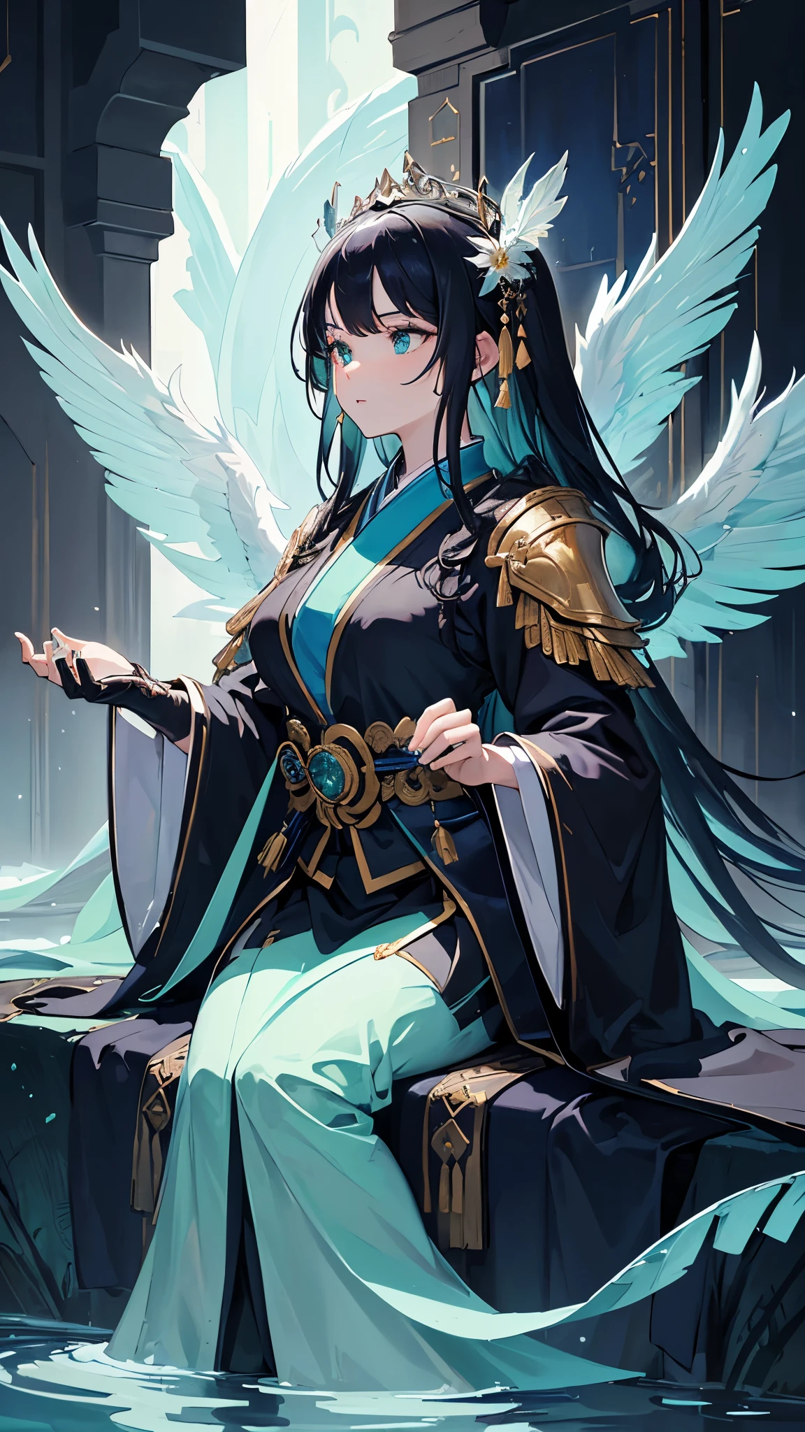 ((((fairest_flowers, mint_condition, ultra_high_definition)))), 1girl, contemplative, seated, (jet_black_hair), long hair tied in low bun, snow-white skin, ((ialmond_eyes)), ((luminous_aqua_eyes)), (((extraordinarily_detailed_countenance:0.9))), ((full)) УкразуствуActright, (background_above_bust: 0.85)), three-quarter view left, facing wildlife or her reflection, ambient interior with pool, ((protruding_breasts()))), focused expression, ((finished_ink_sketches)), beautiful oblique lighting, magic infused ribbons and fan, visual elements merging old-world style with modern fashion, 28 years old, wearing red aquascend insignia, blue jeweled collar, mint kimono with water motif, black robes with overlays of gold thread and traditional navy underskirt, balancing impossible book on her lap, ((gauntlets on hands with phoenix pattern))
