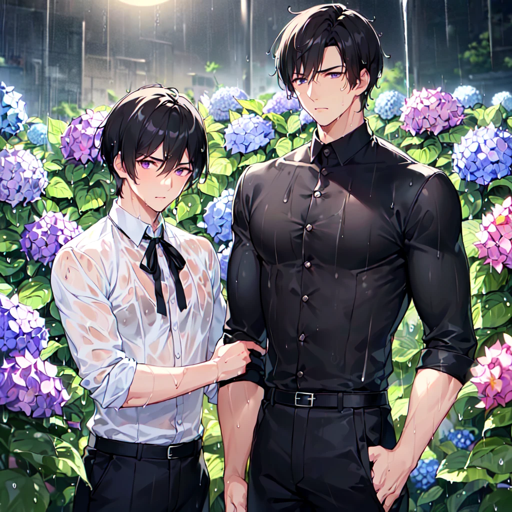 masterpiece,best quality,high quality,(2male austere handsome two people adult age 30: 1.5), purple eyes, cool with suspended eyes, V-shaped eyebrows, body strong and fearless 8.5 head tall, height 185 cm, (well-groomed short black hair down to neck: 1.4), (bangs split into seven thirds: 1.4), slender nose, facial muscles, throat, (wet shirt and black trousers: 1.3), (hand on face), (standing), (stylish pose), (melancholy expression: 1.3), (background hydrangea garden: 1.3), (night rain: 1.3), (upper body:1.3)