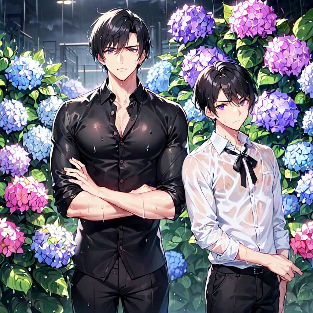 masterpiece,best quality,high quality,(2male austere handsome two people adult age 30: 1.5), purple eyes, cool with suspended eyes, V-shaped eyebrows, body strong and fearless 8.5 head tall, height 185 cm, (well-groomed short black hair down to neck: 1.4), (bangs split into seven thirds: 1.4), slender nose, facial muscles, throat, (wet shirt and black trousers: 1.3), (hand on face), (standing), (stylish pose), (melancholy expression: 1.3), (background hydrangea garden: 1.3), (night rain: 1.3), (upper body:1.3)