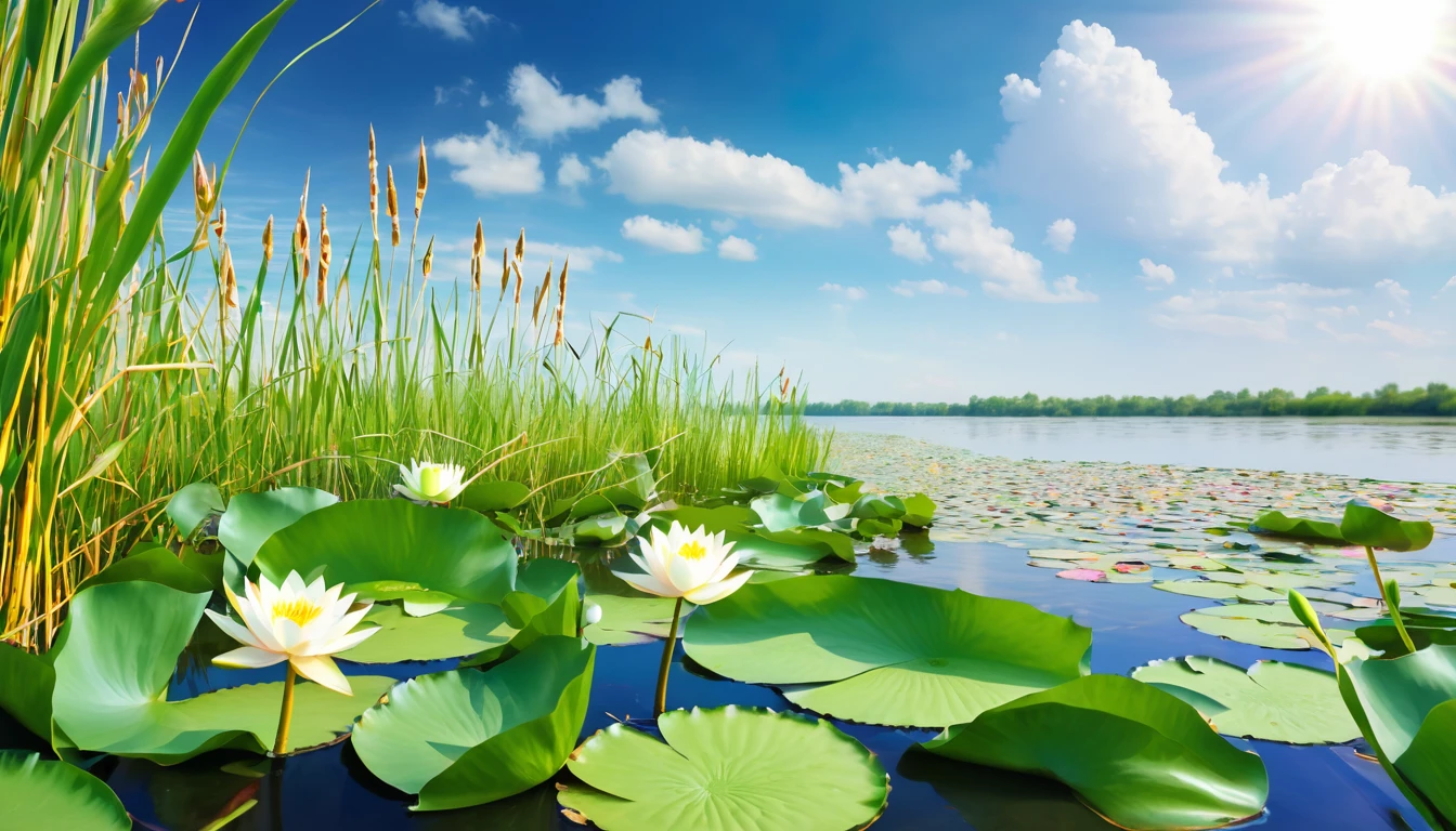river, beautiful water lilies, reeds grow around the shore, summer day, bokeh, artistic photo