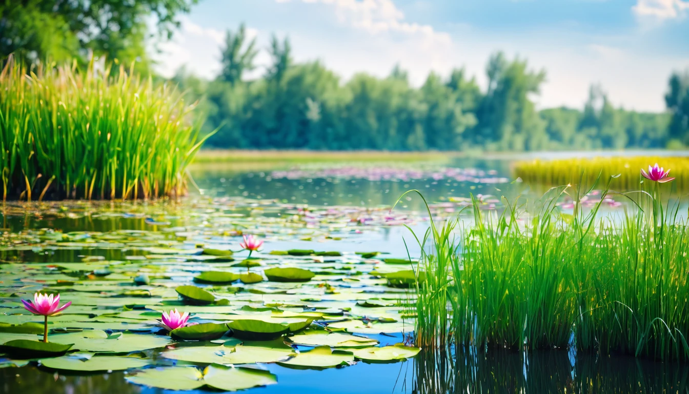 river, beautiful water lilies, reeds grow around the shore, summer day, bokeh, artistic photo