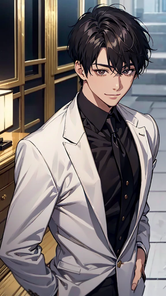 Japanese, male, (black French short hair), short hair, white suit, black shirt, black tie, gold tie clip, double eyelids, slanted eyes, narrow eyes, brown eyes, under-eye bags, smiling face