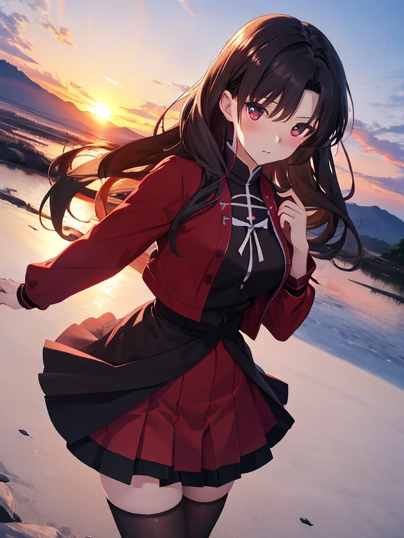 Tohsaka Rin、First sunrise of the year、Fuji Mountain、uhd, retina, masterpiece, ccurate, anatomically correct, textured skin, super detail, high details, high quality, best quality, highres, 4K