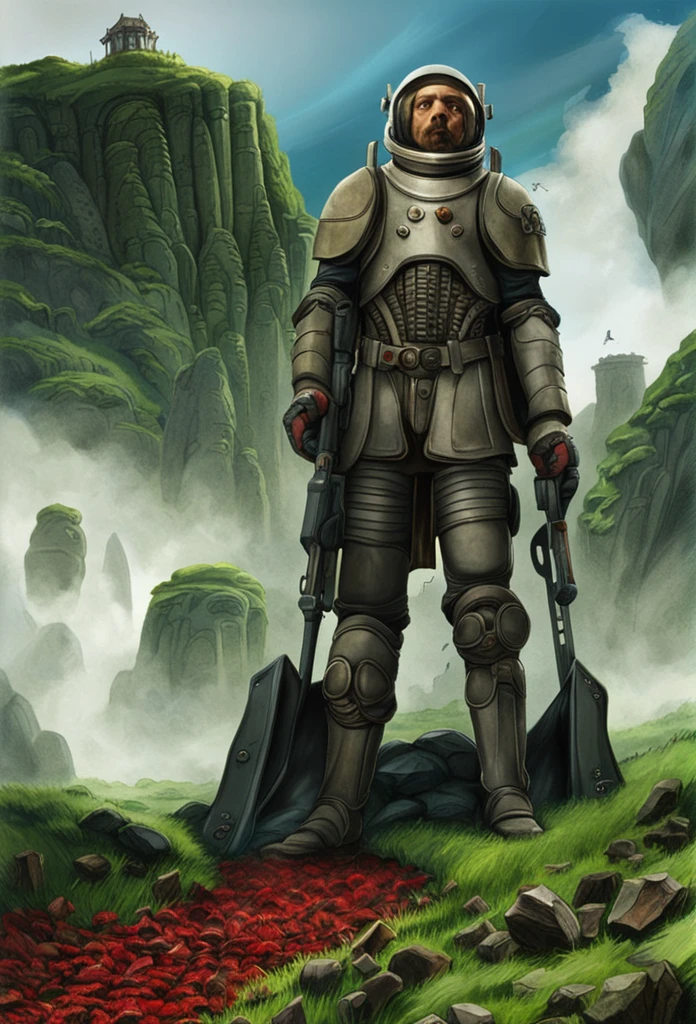 create a digital matte painting of a giant tundra in a science fiction movie setting with ancient stone temples embedded in tall rocks in a clearing in the center of a dense, wide forest of giant trees and plants,in the sky of this illustration, um astronauta masculino com uniforme branco caminha em uma estrada de pedras perto do solo, em frente a uma escadaria gigante de um templo, Detailed and realistic close-up of the astronaut and a field full of red flower buds on the green grass ground next to a path next to the green grass towards the large forest and situated in the background of the scene against the background of a blue sky with 3D clouds white, ultra realism in the matte painting cinematography of the illustration based on the matte painting art of artist Albert Whitlock