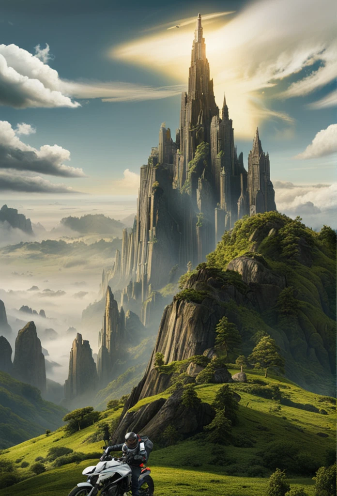 create a digital matte painting of a giant tundra in a science fiction movie setting with ancient stone temples embedded in tall rocks in a clearing in the center of a dense, wide forest of giant trees and plants,in the sky of this illustration, um astronauta masculino com uniforme branco caminha em uma estrada de pedras perto do solo, em frente a uma escadaria gigante de um templo, Detailed and realistic close-up of the astronaut and a field full of red flower buds on the green grass ground next to a path next to the green grass towards the large forest and situated in the background of the scene against the background of a blue sky with 3D clouds white, ultra realism in the matte painting cinematography of the illustration based on the matte painting art of artist Albert Whitlock