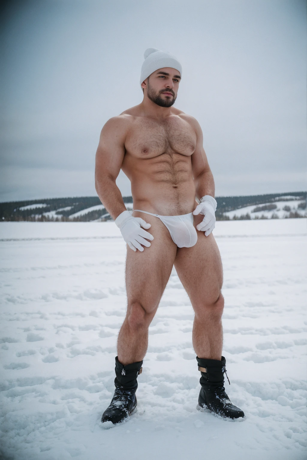 1 stocky shirtless Russian gay is standing with his legs and thighs opened and spread in the snow with wide landscape of snowfield , 1 man only, no other people, iceblocks and icelake and snow scene, he is wearing white fur gloves, fur woolen hat to cover snow , moustache, facial hair, white transparent thong bikini highlighting big bulge and big butts, Wear knee-length fur shoes.,masculine and stocky, shirtless, handsome face with detailed facial features, shirtless and wearing nothing, correct accurate male anatomy,skinny boy body, muscle body,sport body, big muscle, Handsome face, wet oiled waxy shiny greasy muscles and skin, flawless white skin, masterpiece, professional DSLR shoot and retouching, illustration art, shadow, highlight, sharpness, depth of field, dessert and Russian snow field environment, sexy, hot gay erotic illustration art, sexy and hot,Close-up photo