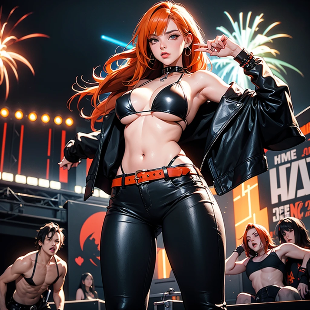 the girl lead singer of a heavy metal band, live show, in a sexy bikini, orange hair, big breasts, punk rock belt, black leather pants, lit stage and fireworks.