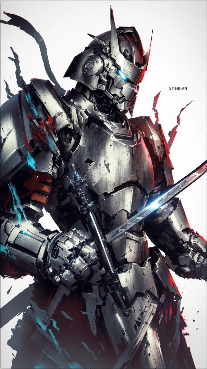 Close-up of a person holding a sword and katana, painterly humanoid mecha, Warforged, Benedic Bana, Sharp Digital Painting, Mecha aesthetics, cyborg samurai, Covered entirely in silver armor, Mecha Art, Knight in armor, Cool mecha style, Yoji Shinkawa&#39;s art style, Warrior in armor, Mecha Warrior