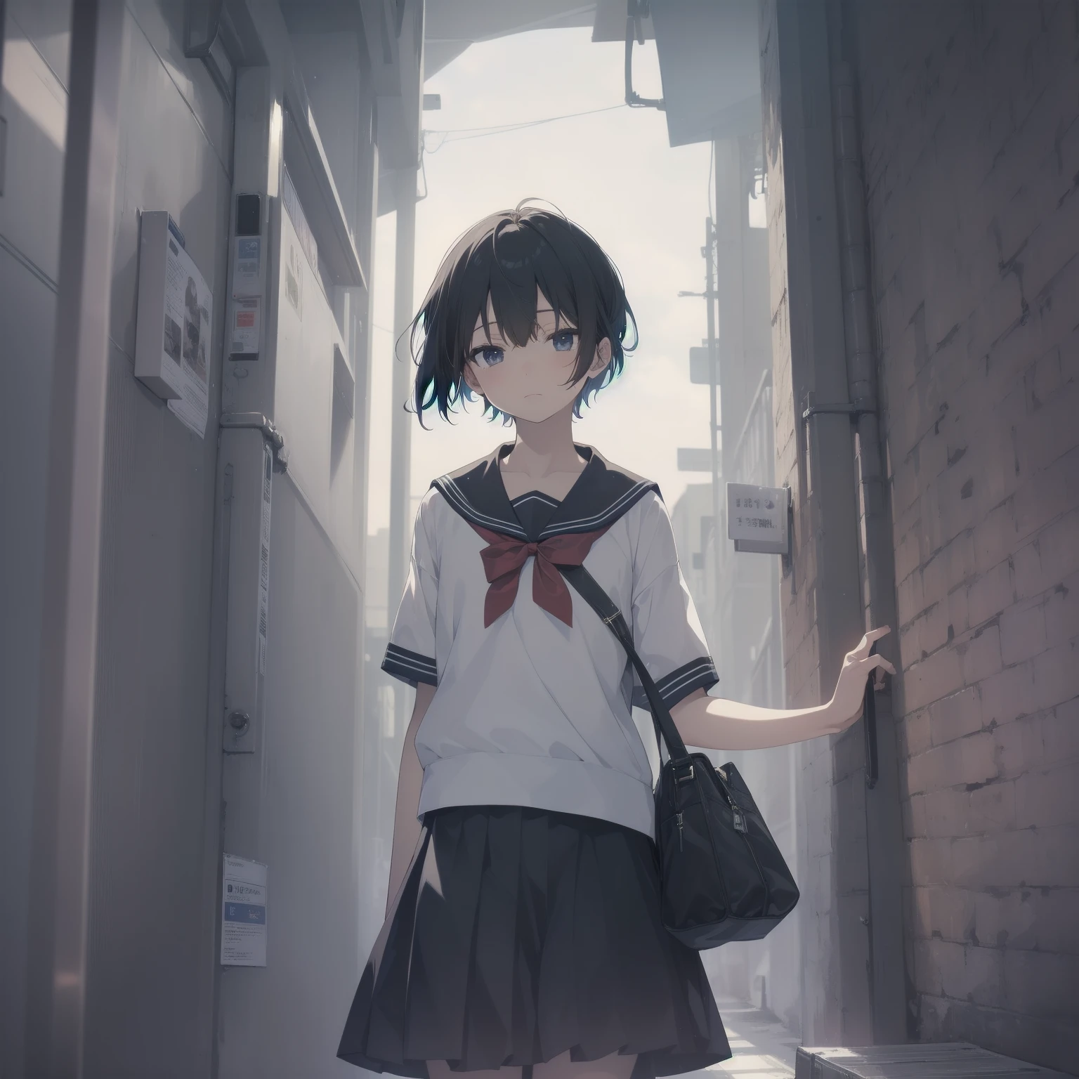 ultra-absurdres-Top quality by artist God, ultra-detailed, high resolution, anime moe artstyle, best anime 8k konachan wallpaper, pixiv contest winner, pool:2810, perfect anatomy,break, 1girl, (Please draw a girl walking sleepily to school alone. )break,(Solo,little female, 13-year-old:1.3),Full limbs, complete fingers,a junior high school student, (very short hair), short cut, flat chest, , small butt, small black eyes, beautiful detailed eyes, well-proportioned iris and pupils, expressive eyes, highres detailed hair, soft expression, salor school_uniform, sailor collar, serahuku, bow, pleated skirt,(Detailed Lighting), (Detailed background), in the School commute route. break,super detailed skin, Best cinematic lighting powered by famous artist, 8k,beauty illustration,photoshop_(medium),very aesthetic,break,((artist:saiguchi_otoufu )), artist:clamp ,artist:carnelian ,artist:kantoku ,