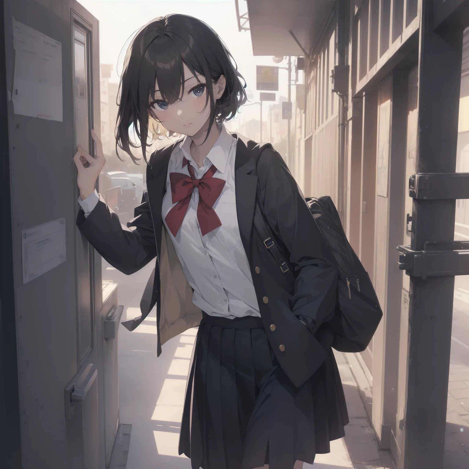 ultra-absurdres-Top quality by artist God, ultra-detailed, high resolution, anime moe artstyle, best anime 8k konachan wallpaper, pixiv contest winner, pool:2810, perfect anatomy,break, 1girl, (Please draw a girl walking sleepily to school alone. )break,(Solo,little female, 13-year-old:1.3),Full limbs, complete fingers,a junior high school student, (very short hair), short cut, flat chest, , small butt, small black eyes, beautiful detailed eyes, well-proportioned iris and pupils, expressive eyes, highres detailed hair, soft expression, salor school_uniform, sailor collar, serahuku, bow, pleated skirt,(Detailed Lighting), (Detailed background), in the School commute route. break,super detailed skin, Best cinematic lighting powered by famous artist, 8k,beauty illustration,photoshop_(medium),very aesthetic,break,((artist:saiguchi_otoufu )), artist:clamp ,artist:carnelian ,artist:kantoku ,