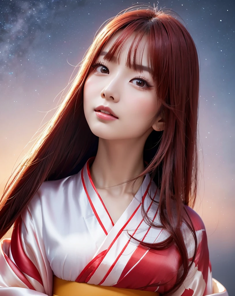 (Highest quality, 32k, High resolution, Masterpiece:1.5, ), marimo_jet, god々A photograph with brilliant dazzling and healing power., Evoking a sense of calm and elusive beauty, Expressing emotions, Have a rich imagination,Beautiful Japanese Girls, ((Shooting from the side:1.5)), An exceptionally beautiful face, Small Face Beauty, Perfect Human Anatomy, Magical big eyes, Motherhood and generosity, Deep Love, fleeting smile, ((shiny red hair:1.1)), ((Super Long Straight Silk Hair)), Asymmetrical bangs, Hair between the eyes, Transparent, soft white skin, Sharp eyebrows, Thin lashes, Natural Makeup, Cheek highlighter, Pale pink detailed lips, , ((Red kimono:1.5)), Slim figure with ample breasts, ((Detailed night sky background:1.3)), , Professional Lighting,Photographer, Professional models, god秘的