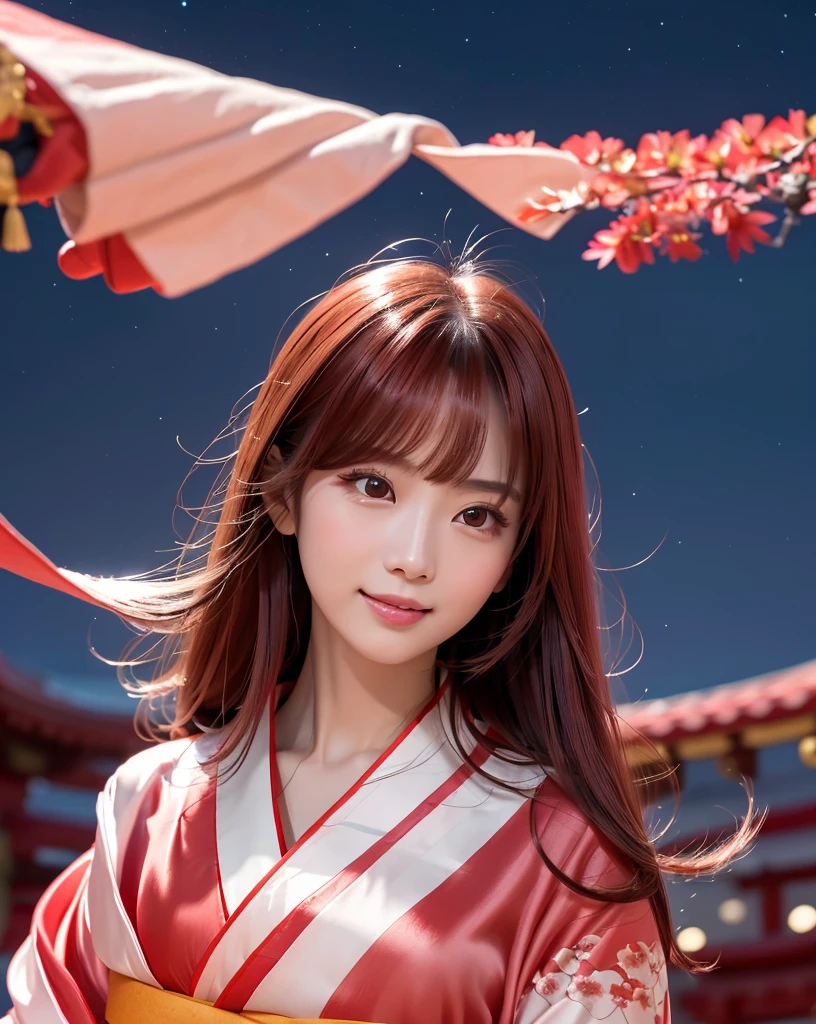 (Highest quality, 32k, High resolution, Masterpiece:1.5, ), marimo_jet, god々A photograph with brilliant dazzling and healing power., Evoking a sense of calm and elusive beauty, Expressing emotions, Have a rich imagination,Beautiful Japanese Girls, ((Shooting from the side:1.5)), An exceptionally beautiful face, Small Face Beauty, Perfect Human Anatomy, Magical big eyes, Motherhood and generosity, Deep Love, fleeting smile, ((shiny red hair:1.1)), ((Super Long Straight Silk Hair)), Asymmetrical bangs, Hair between the eyes, Transparent, soft white skin, Sharp eyebrows, Thin lashes, Natural Makeup, Cheek highlighter, Pale pink detailed lips, , ((Red kimono:1.5)), Slim figure with ample breasts, ((Detailed night sky background:1.3)), , Professional Lighting,Photographer, Professional models, god秘的