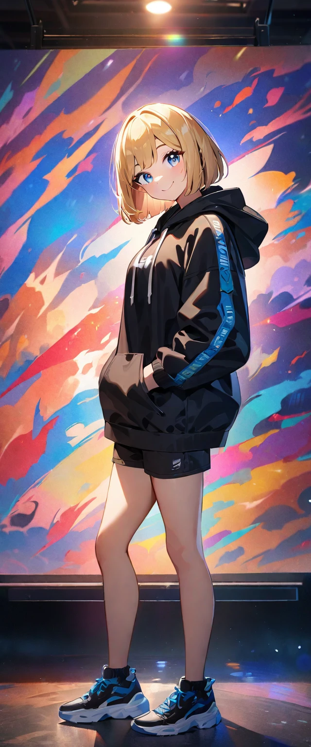 (((One girl))), blond hair, bob cut, (full body), (looking at viewer), breasts, teenager, head tilt:1.3, (((blue eye))), (from side), hand in pocket, ((happy smile)), black hoodie, black shorts, sneakers, anime style, (best quality, 4k, 8k, highres, masterpiece:1.2, ultra-detailed, ultra-detailed eyes, HDR, UHD, studio lighting, ultra-fine painting, sharp focus, physically-based rendering, extreme detail description, professional, vivid colors, bokeh)