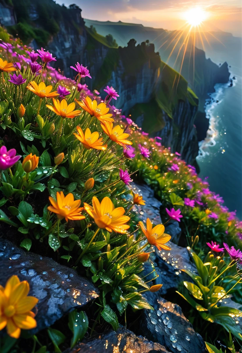 The first rays of sunlight in the morning，cliff，slopes，Dew drops on beautiful flowers，(sunrise)，Beautiful picture，HD Wallpapers