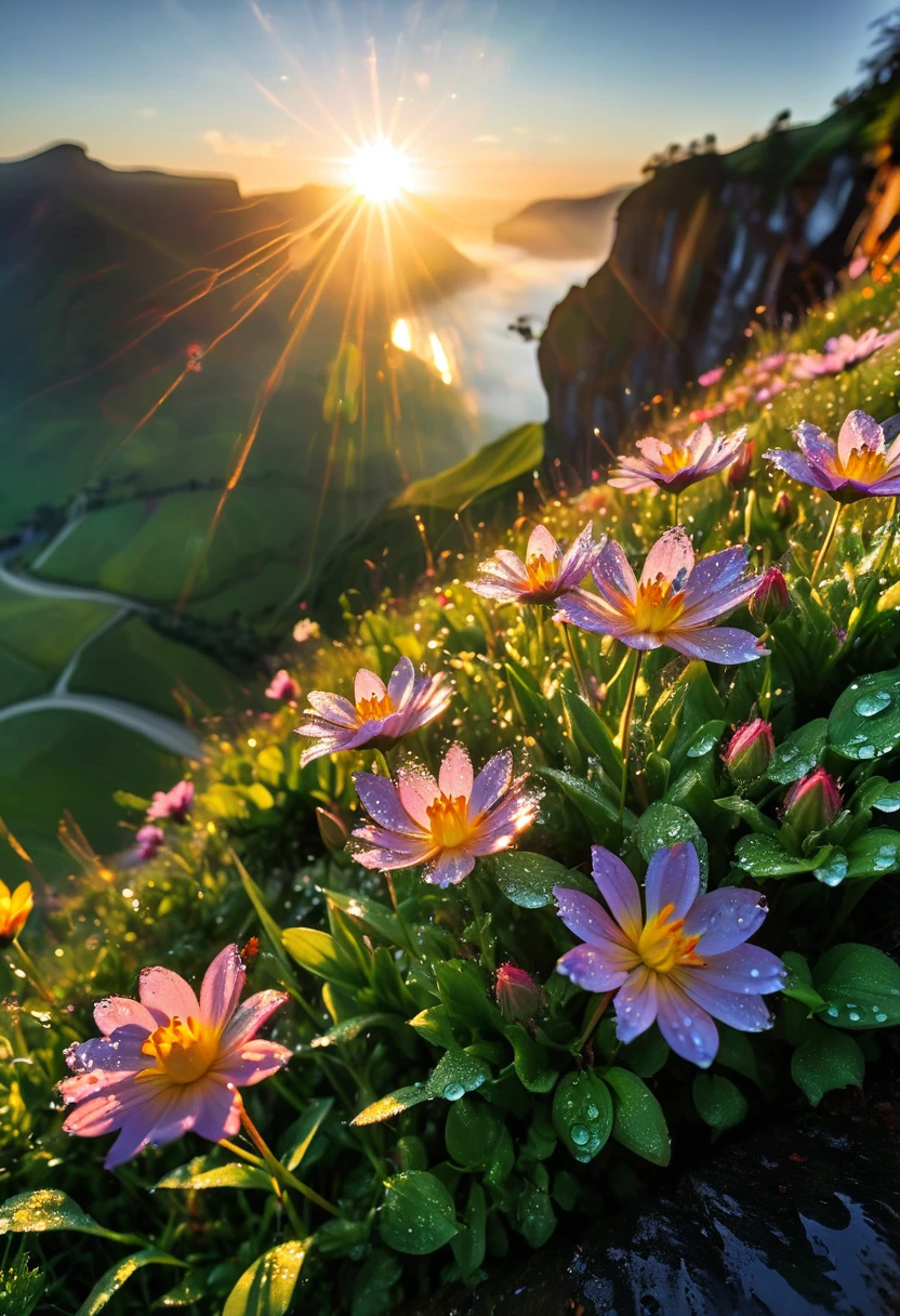 The first rays of sunlight in the morning，cliff，slopes，Dew drops on beautiful flowers，(sunrise)，Beautiful picture，HD Wallpapers