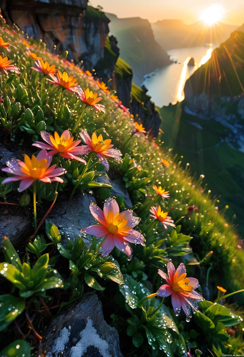 The first rays of sunlight in the morning,cliff,slopes,Dew drops on beautiful flowers,(sunrise),Beautiful picture,HD Wallpapers