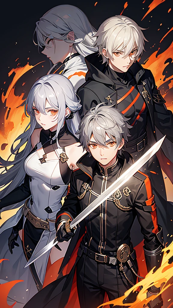 Male character with gray hair and orange eyes with sword and black clothes