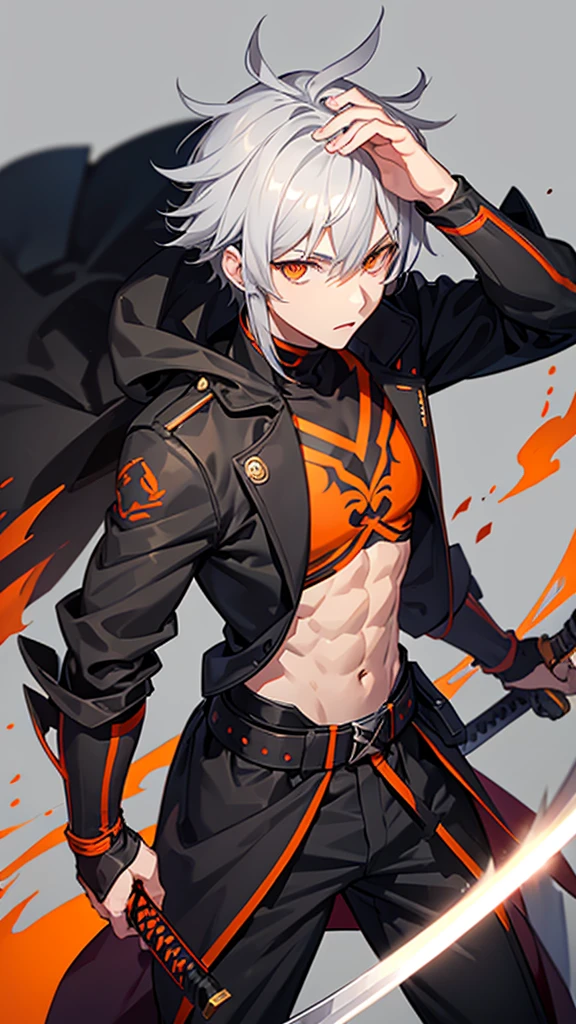 Male character with gray hair and orange eyes with sword and black clothes