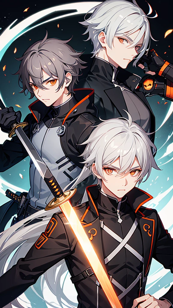 Male character with gray hair and orange eyes with sword and black clothes