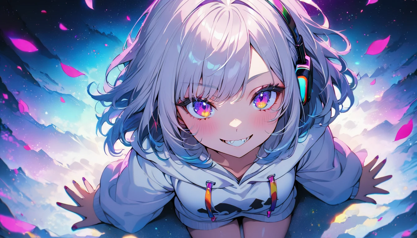 ((Masterpiece)), ((best quality)), (Anime:1.3), (super detail:1.2), (High Definition:1.3), (Professional Photography:1.3),cute young Girl, Glossy unruly hair, (loose swept bangs), (silver ash hair), medium hair, big eyes, (Eye bags:1.3), (Long eyelashes), colorful eyes, (evil smile and blush), Glossy lips, (jagged teeth), ((white hoodie with oversized)), barearms, cute, (colorful:1.3), gothic makeup, (sitting on the edge), colorful petals dance around her, starry night, neon lit, Peter Benjamin Graham, a wanderer on a mountain, wearing headphones, (full body:1.5), (gazing skyward:1.3),(from above:2),