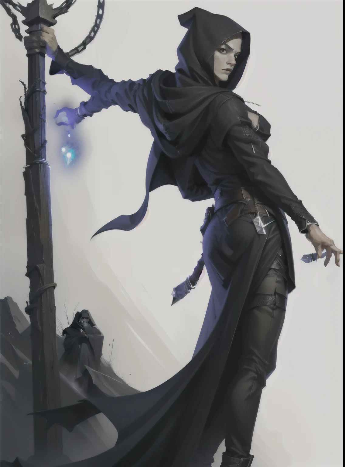 quero um assassino de black clothing e furtivo, he must have a dagger in his hand, and your posture must be stealthy, black clothing, black hoods, stylish pose, no back ground, White background.
