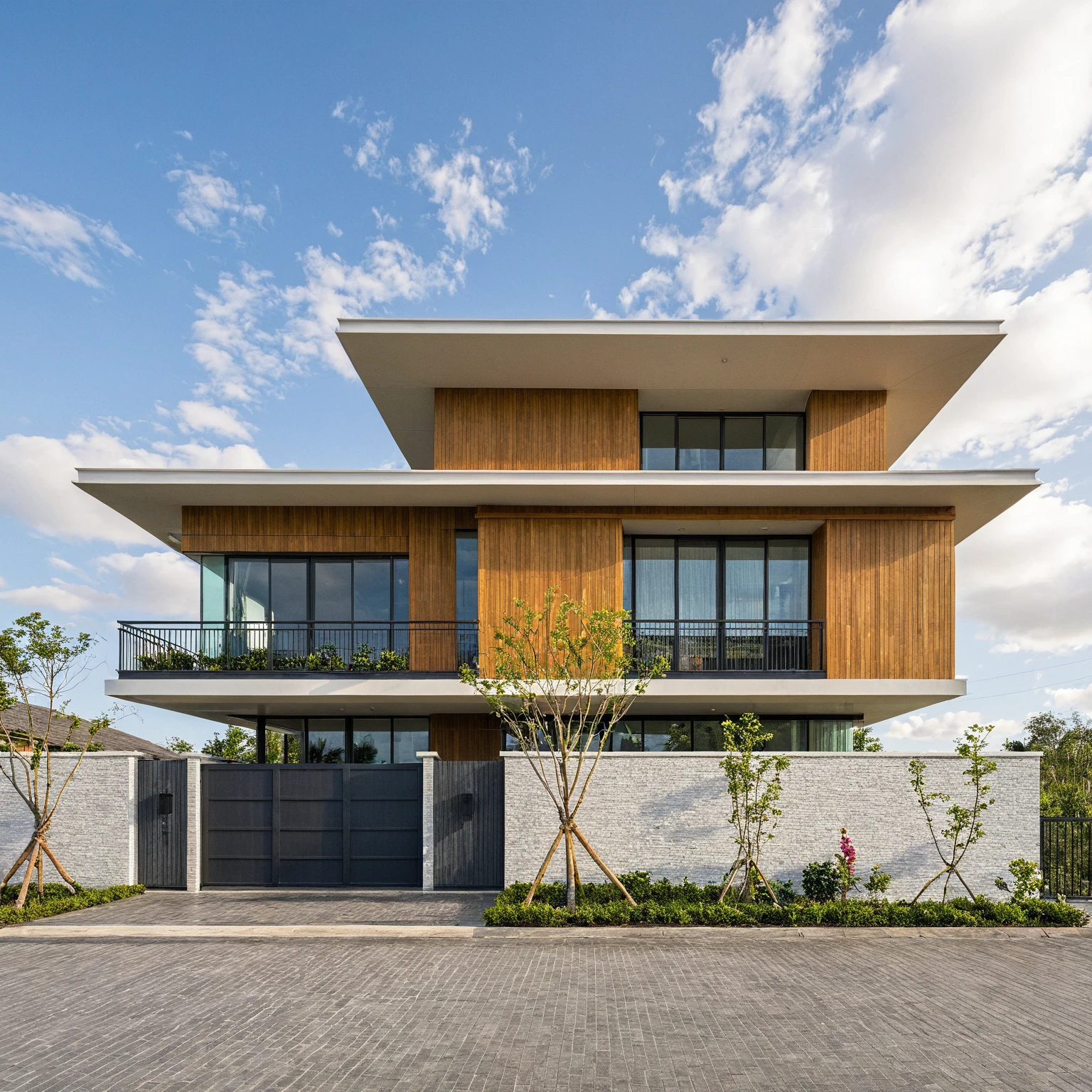 head of'artwork, High quality, best quality, authentique, great detail, En plein air, villa de plain-piedXL, credit group, style de maison moderne dans la rue ,stairs, white wall ,road,pavement, grass, trees, sky, nuvens, (day light:1.1)