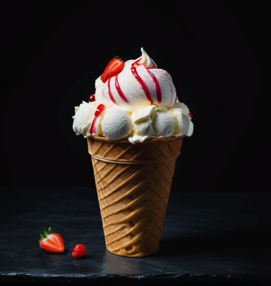 ice cream, Exquisite detail ,Dark Background , High resolution. photograph , Table((realism)), extremely high quality RAW photograph, 超詳細なphotograph, Sharp focus, High resolution, (Detailed skin:1,3),high quality, Film Grain, Fujifilm XT3,Very detailed, movie, (moviephotograph:1.3) of (Realistic:1.3)