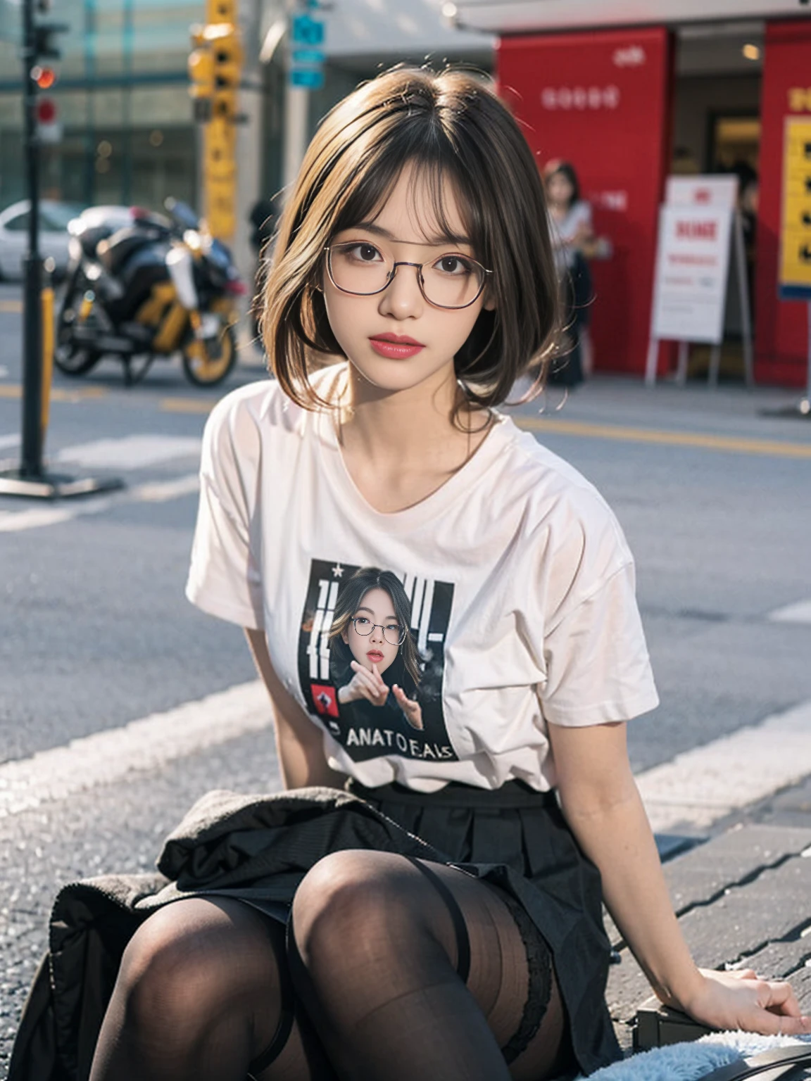 ulzang-6500-v1.1,(RAW photo:1.2), (Photorealistic:1.4), Beautiful Meticulous Girl, very detailed eyes and faces, Beautiful detailed eyes, absurderes, unbelievable Ridiculous, hugefilesize, ultra - detailed, A high resolution, The is very detailed,best qualtiy,tmasterpiece,((T-shirt )),illustratio,The is very detailed,CG,unified,8k wallpaper,Amazing Cleavage,finely detailled,tmasterpiece,best qualtiy,The is very detailed的 CG unified 8k wallpaper,light in face,cinmatic lighting, 1girll, 16 years old,long white hair,lateral division,(wears glasses),((dynamicposes)),(sexyposture),,(A half body),((Pantyhose)),((Black hip skirt)),((((Sit with your knees folded)))) full length dress :1.1, Super detailed face, Detailed eyes, double eyelid, blur backgroun, Slim Faces, blue eyes, glasses, big breasts