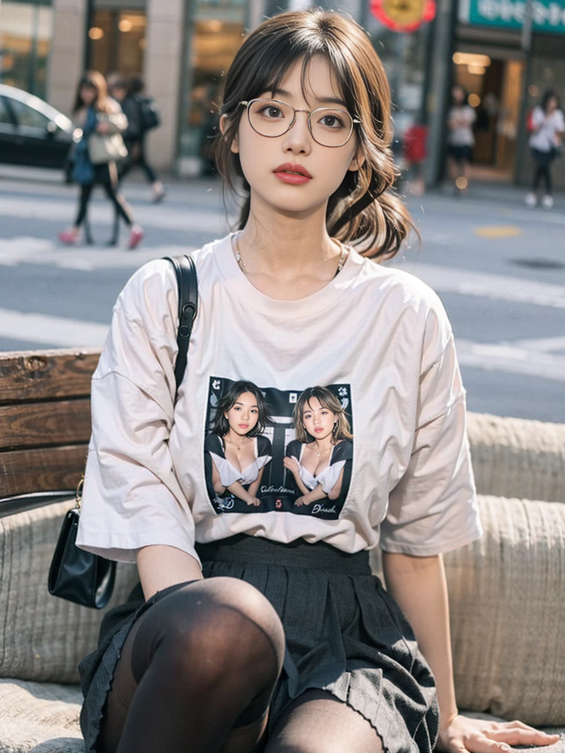 ulzang-6500-v1.1,(RAW photo:1.2), (Photorealistic:1.4), Beautiful Meticulous Girl, very detailed eyes and faces, Beautiful detailed eyes, absurderes, unbelievable Ridiculous, hugefilesize, ultra - detailed, A high resolution, The is very detailed,best qualtiy,tmasterpiece,((T-shirt )),illustratio,The is very detailed,CG,unified,8k wallpaper,Amazing Cleavage,finely detailled,tmasterpiece,best qualtiy,The is very detailed的 CG unified 8k wallpaper,light in face,cinmatic lighting, 1girll, ,long white hair,lateral division,(wears glasses),((dynamicposes)),(sexyposture),,(A half body),((Pantyhose)),((Black hip skirt)),((((Sit with your knees folded)))) full length dress :1.1, Super detailed face, Detailed eyes, double eyelid, blur backgroun, Slim Faces, blue eyes, glasses, big breasts