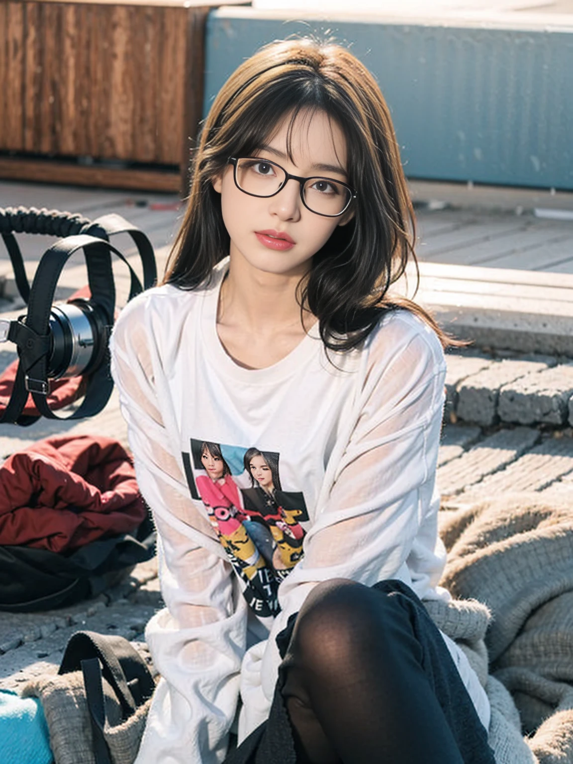 ulzang-6500-v1.1,(RAW photo:1.2), (Photorealistic:1.4), Beautiful Meticulous Girl, very detailed eyes and faces, Beautiful detailed eyes, absurderes, unbelievable Ridiculous, hugefilesize, ultra - detailed, A high resolution, The is very detailed,best qualtiy,tmasterpiece,((T-shirt )),illustratio,The is very detailed,CG,unified,8k wallpaper,Amazing Cleavage,finely detailled,tmasterpiece,best qualtiy,The is very detailed的 CG unified 8k wallpaper,light in face,cinmatic lighting, 1girll, ,long white hair,lateral division,(wears glasses),((dynamicposes)),(sexyposture),,(A half body),((Pantyhose)),((Black hip skirt)),((((Sit with your knees folded)))) full length dress :1.1, Super detailed face, Detailed eyes, double eyelid, blur backgroun, Slim Faces, blue eyes, glasses, big breasts