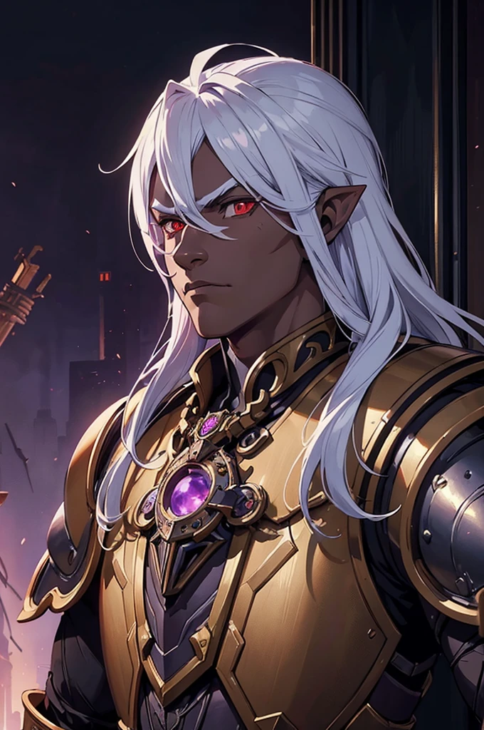 ((best quality)), ((masterpiece)), (detailed), ((boy)), ((mechanical armor)), (dungeonpunk),(steampunk), (serious), dark skinned, human, upper body, portrait, red eyes, long white hair, Xemnas from Kingdom Hearts, half-drow, pointy ears, serious face, dramatic lighting, purple hue, art by Kinema Citrus