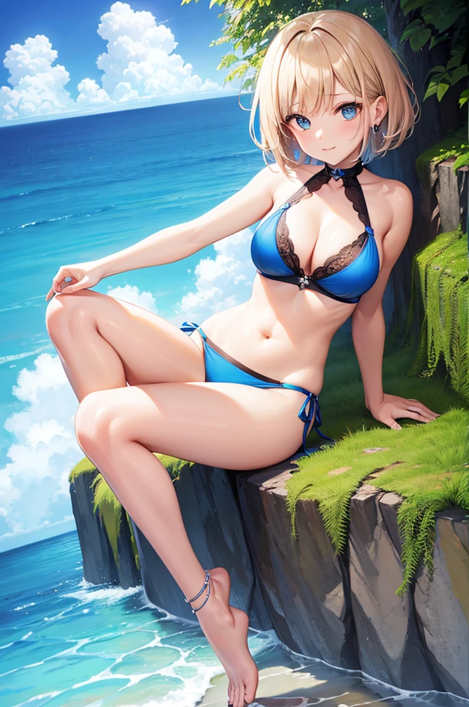 8K high quality,1 pretty girl,Complete limbs,Full Finger,Short Bob,bikini,Summer Sea、blue sky,y pose,Clexy pose