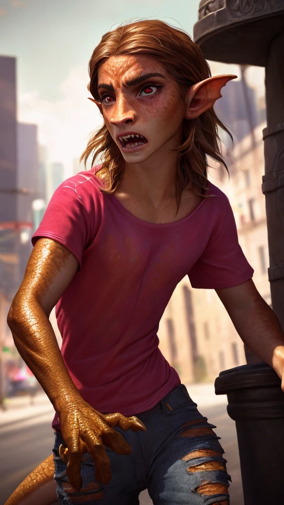 1girl, ewt, Emma watson, beautiful detailed eyes, horrified, scared, beautiful detailed lips, extremely detailed eyes and face, long brown hair, pink t-shirt, jeans, tattered clothes, standing on a street corner, award winning, intricate details, photorealistic, cinematic lighting, volumetric lighting, depth of field, beautiful face, striking pose, dynamic composition, vivid colors, warm tones, transformation into a dragon, green dragon with gold scales, magma scales