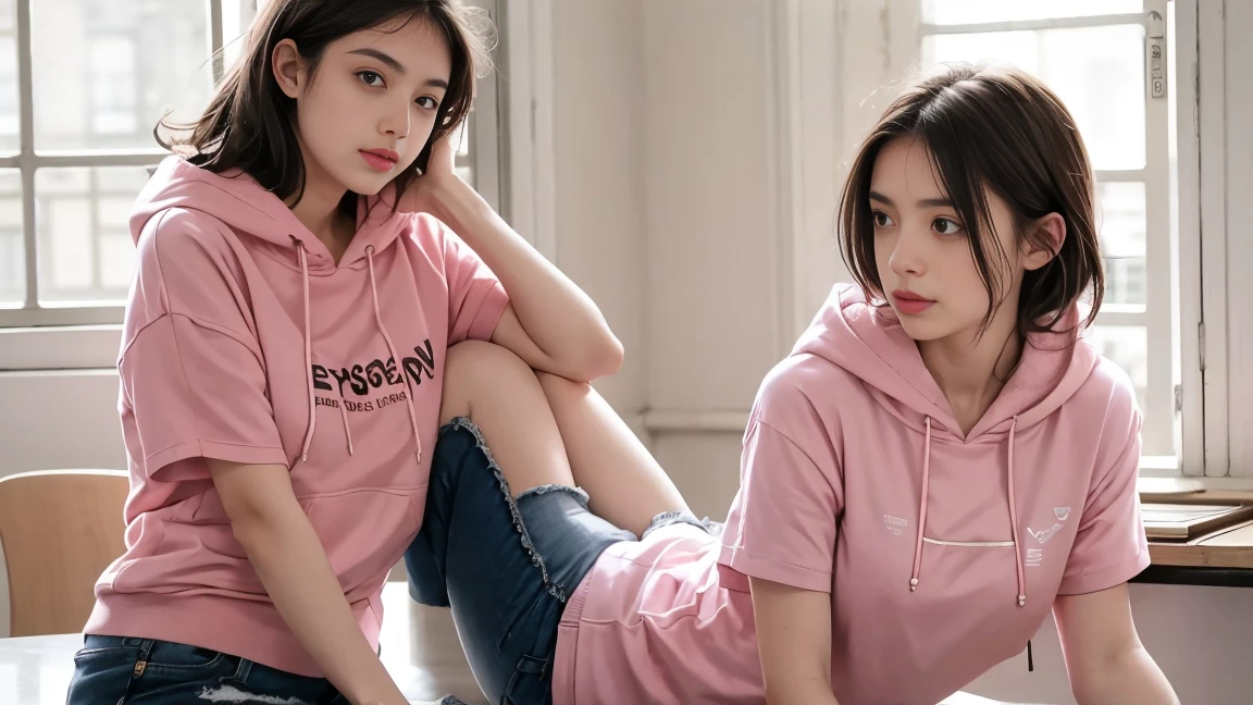 deux femmes ensemble de 18 ans sexy et mince , pink short sleeve hoodie , salle de classe, se touche,position sey,sensuel