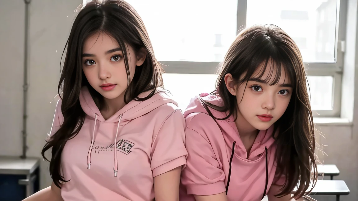 deux femmes ensemble de 18 ans sexy et mince , pink short sleeve hoodie , salle de classe, se touche,position sey,sensuel