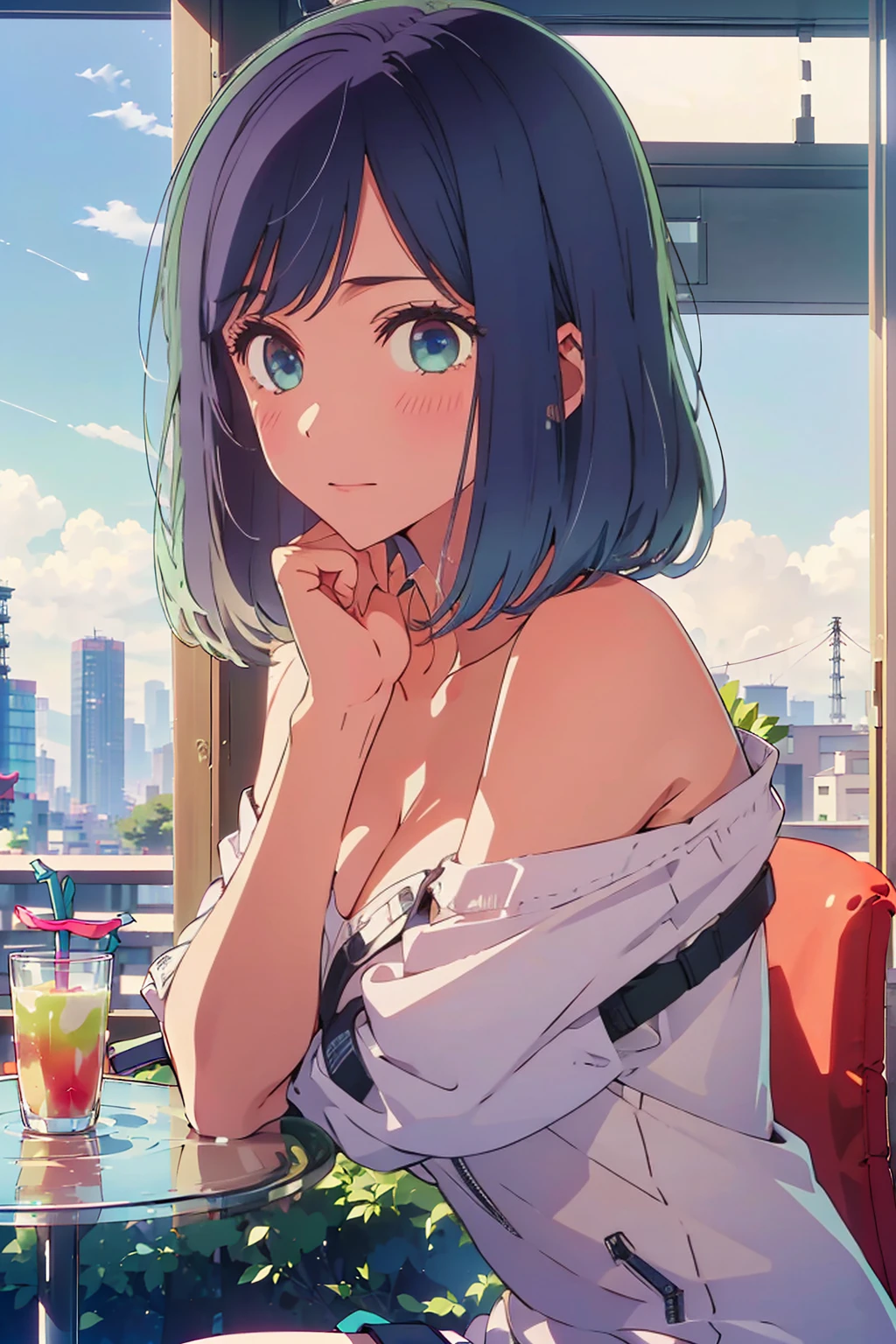 (Highest quality:1.4、8K:1.4、detailed)、F cup bust、Big Breasts、Slim body、Very white beautiful skin、((((1 person、Surprised expression、sit、Chair、In the background are the urban buildings of Tokyo、looking at the camera、Indoor cafe terrace、Navy hair color、juice、Shooting up close、table、Very cute face))))、((((nude、Areola))))、(Tuck your hair behind your ears with both hands:1.4、Cheek resting on hand:1.4)、Off-the-shoulder zip-up jacket