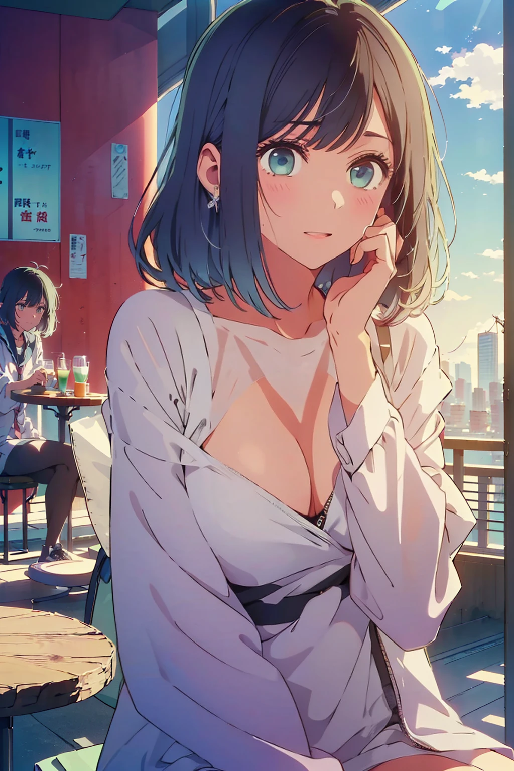 (Highest quality:1.4、8K:1.4、detailed)、F cup bust、Big Breasts、Slim body、Very white beautiful skin、((((1 person、Surprised expression、sit、Chair、In the background are the urban buildings of Tokyo、looking at the camera、Indoor cafe terrace、Navy hair color、juice、Shooting up close、table、Very cute face))))、((((nude、Areola))))、(Tuck your hair behind your ears with both hands:1.4、Cheek resting on hand:1.4)、Off-the-shoulder zip-up jacket