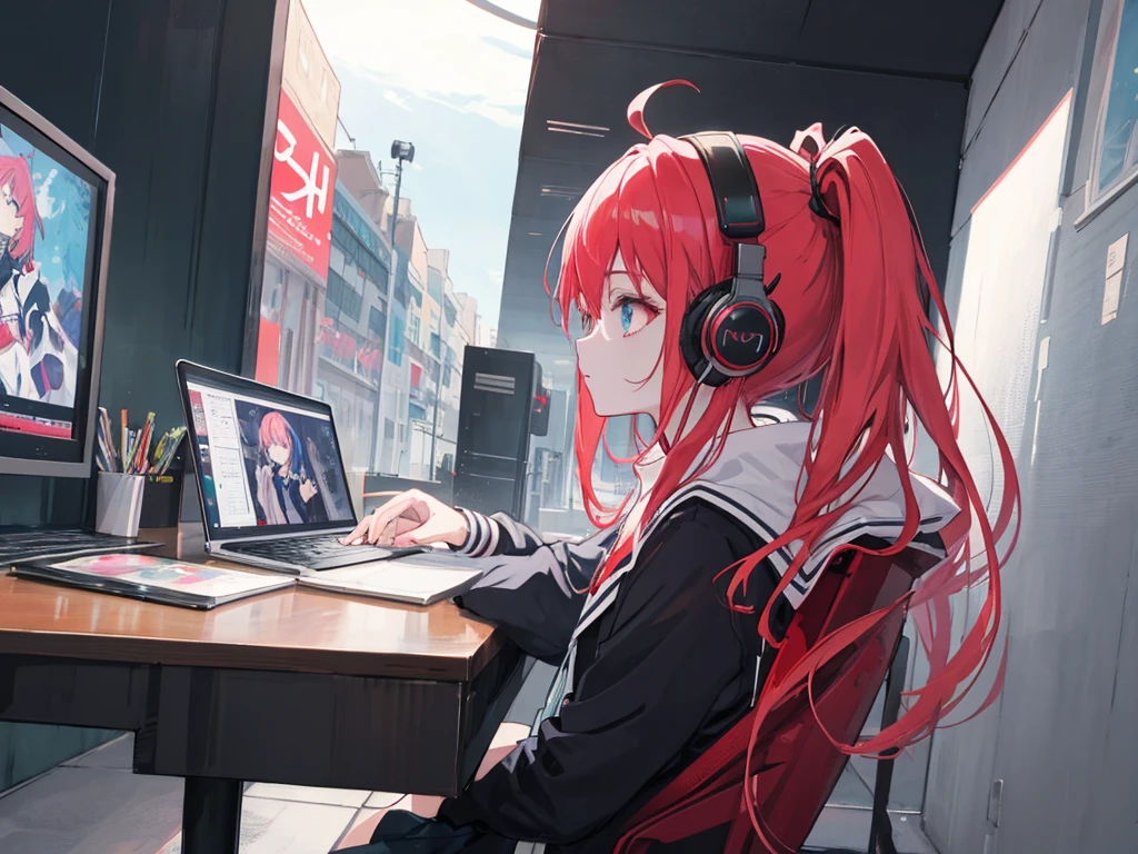 Red-haired woman with headphones sitting at a table with a laptop, profile、Long Hair－、Anime Style 4 k, Nightcore, Lo-fi Girl, Anime atmosphere, Lofi Artstyle, Portrait of Roffey, Anime Style. 8K, 4k anime wallpaper, anime wallpaper 4k, anime wallpaper 4k, Lofi Art, anime art wallpaper 4k, anime art wallpaper 4k, Anime Aesthetics



