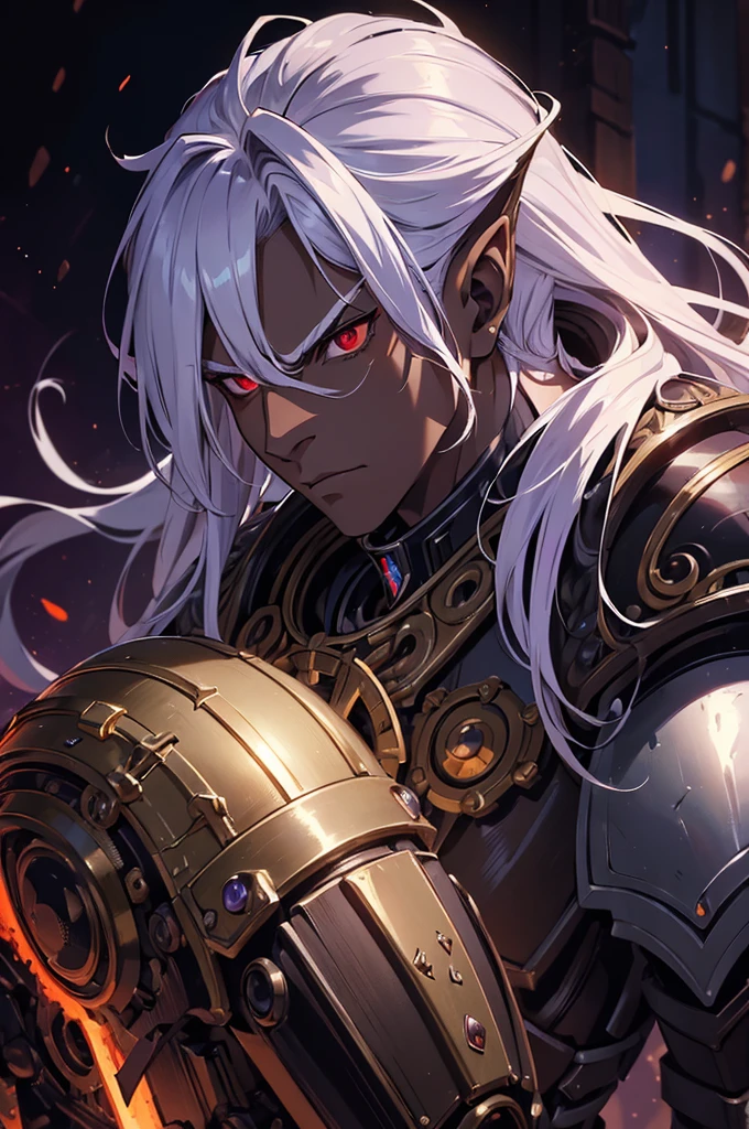 ((best quality)), ((masterpiece)), (detailed), ((boy)), ((mechanical armor)), (dungeonpunk),(steampunk), (serious), dark skinned, human, upper body, portrait, red eyes, long white hair, Xemnas from Kingdom Hearts, half-drow, pointy ears, serious face, dramatic lighting, purple hue, art by Kinema Citrus