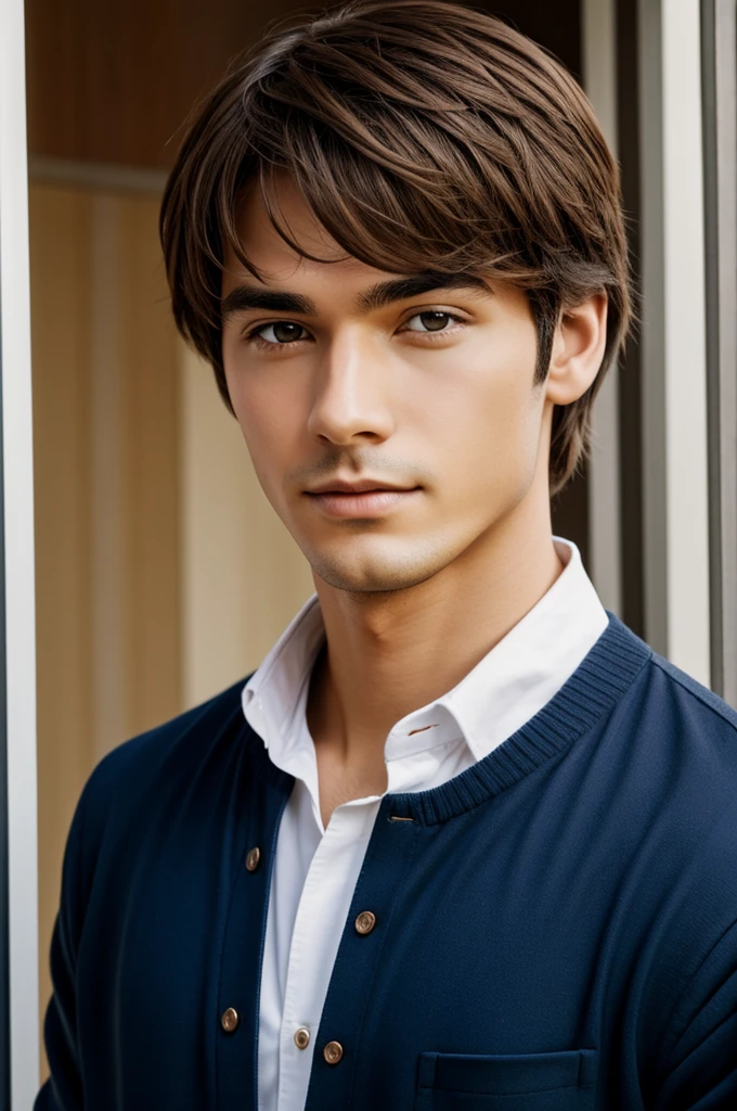 Anime image of a gentle young man with brown hair 