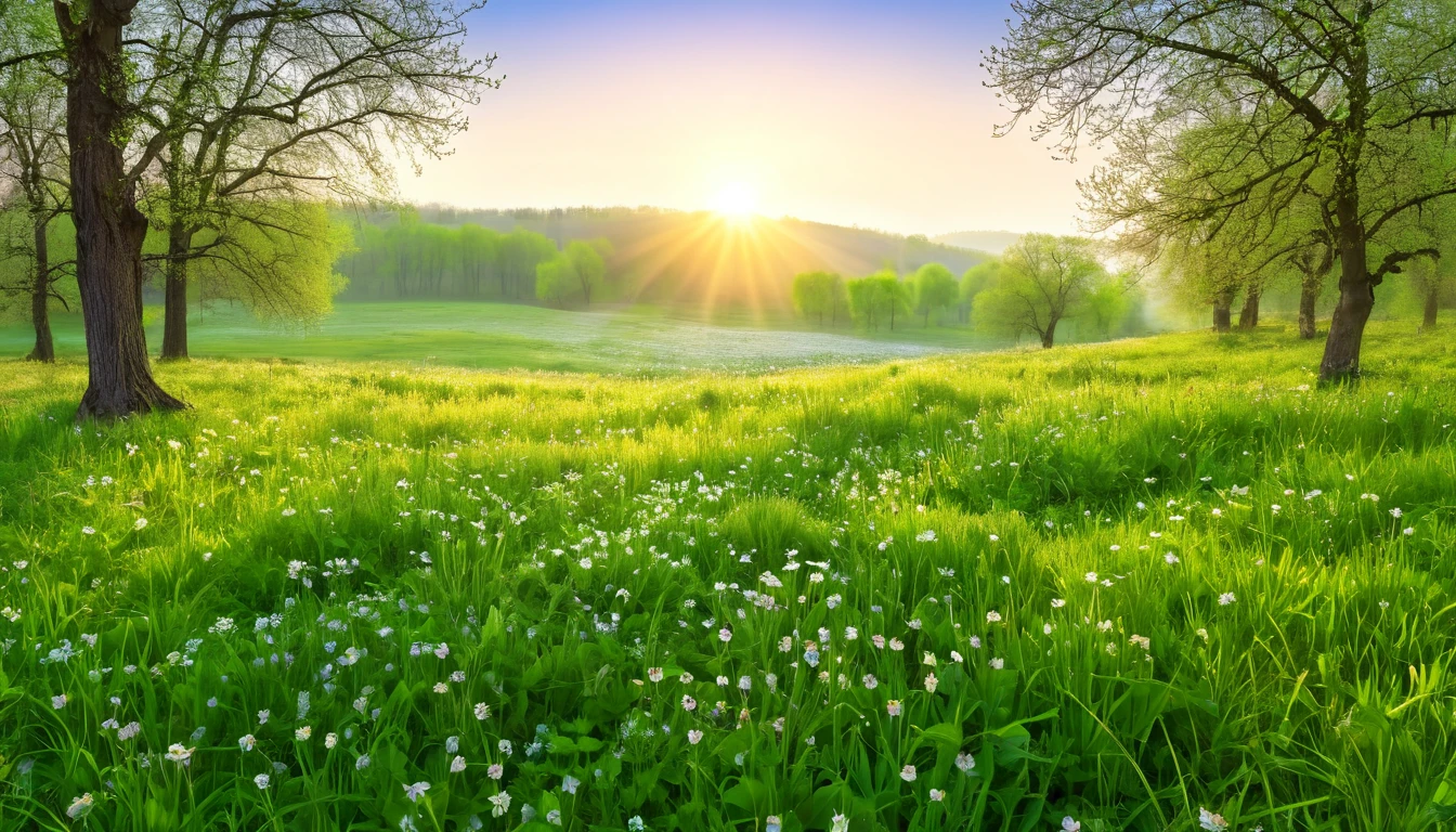 realistic photo, masterpiece, a spring morning at sunrise with the sweet scent of life, in an open meadow