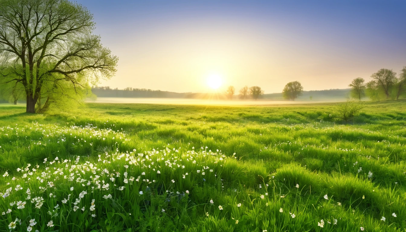 realistic photo, masterpiece, a spring morning at sunrise with the sweet scent of life, in an open meadow