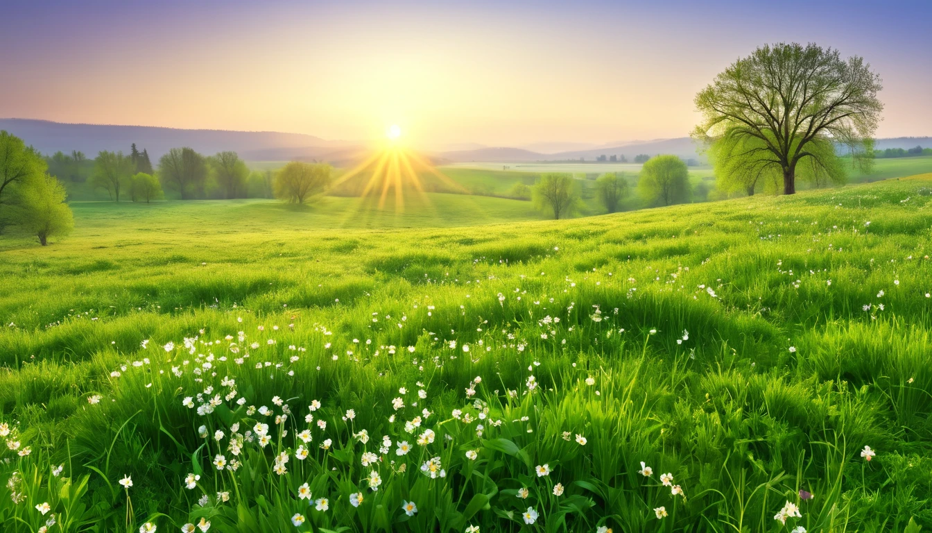 realistic photo, masterpiece, a spring morning at sunrise with the sweet scent of life, in an open meadow