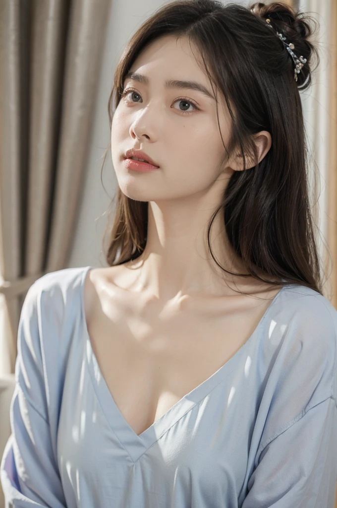 (((best quality))),(((ultra detailed))),(((masterpiece))),illustration,1girl,solo,slim,fragile,beauty,light blue hospital gown,surgical bed,hospital operating room,contraceptive coil removal,anxiety,anticipation,long flowing hair,almond-shaped eyes,fair complexion,soft color,slender figure,tidy bow,sterile equipment,metal bed frames,healthcare professional,scrubs,surgical mask