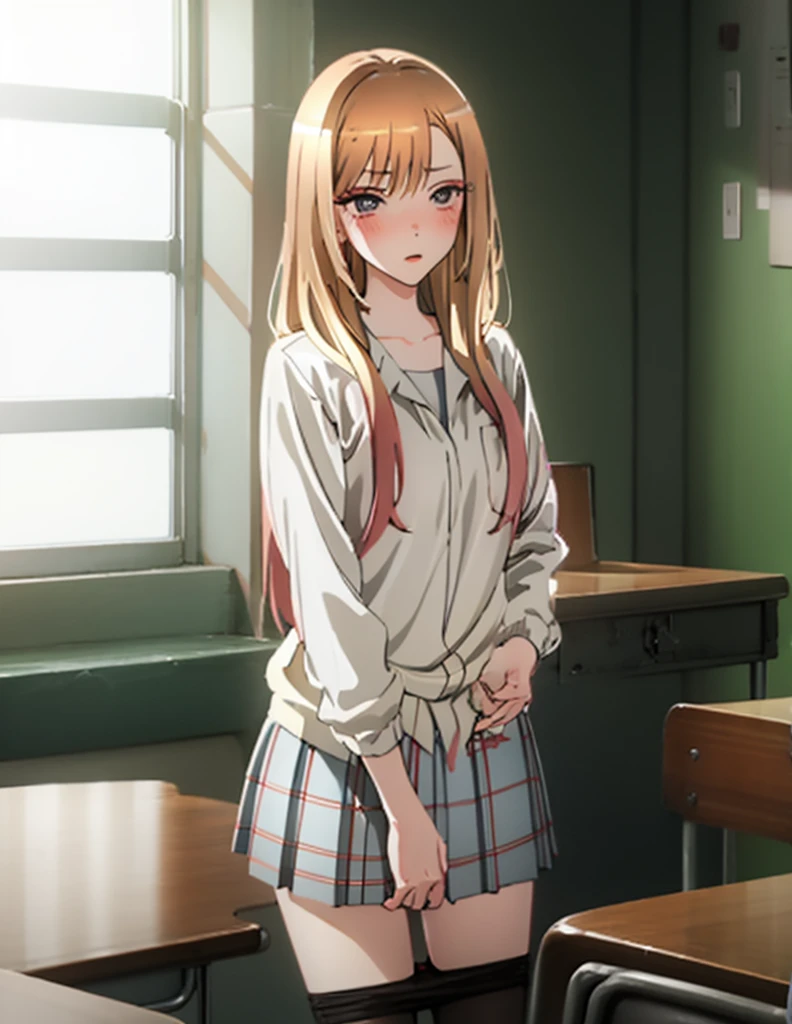 Chestnut Hair、Semi-long hair、Blushing、lipstick、Perfect hands、Detailed hands、pantyhose pull,panty pull、classroom、School、blackboard、school uniform、日本の、