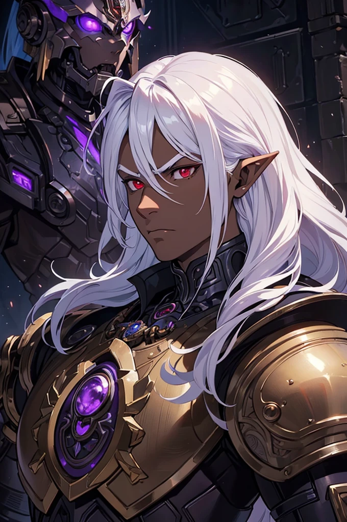 ((best quality)), ((masterpiece)), (detailed), ((boy)), ((mechanical armor)), (dungeonpunk),(steampunk), (serious), dark skinned, human, upper body, portrait, red eyes, long white hair, Xemnas from Kingdom Hearts, half-drow, pointy ears, serious face, dramatic lighting, purple hue, art by Kinema Citrus